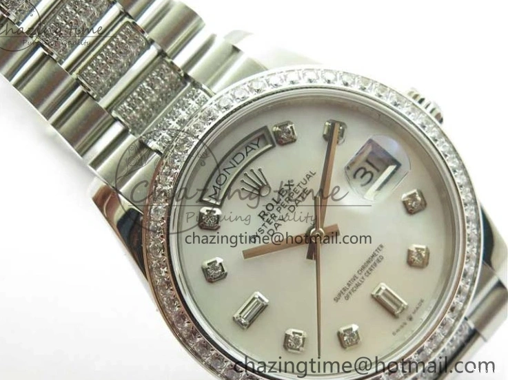 MiroTime 0128 Day-Date 36mm 128239 SS Crystal BP Best Edition White MOP Crystal Marker Dial on SS President Bracelet A MoistureWicking 2682